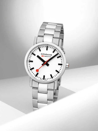 Angle shot of Mondaine A658.30323.11SBJ White Dial Silver Stainless Steel Womens Watch on white background