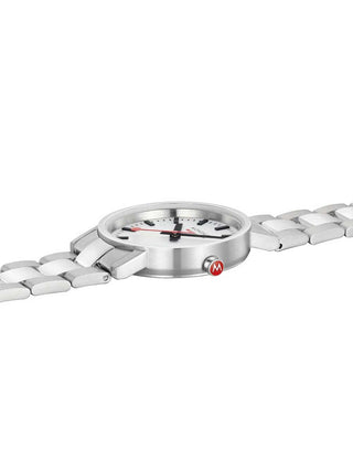 Angle shot of Mondaine A658.30323.11SBJ White Dial Silver Stainless Steel Womens Watch on white background