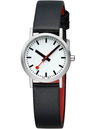 Angle shot of Mondaine A658.30323.16OMV White Dial Black Leather Womens Watch on white background