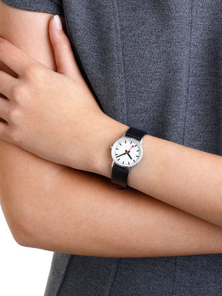 Angle shot of Mondaine A658.30323.16OMV White Dial Black Leather Womens Watch on white background