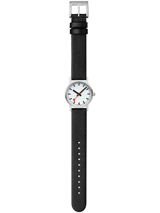 Angle shot of Mondaine A658.30323.16OMV White Dial Black Leather Womens Watch on white background