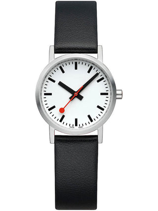 Front view of Mondaine A658.30323.16OMV White Dial Black Leather Womens Watch on white background