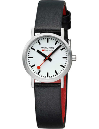 Front view of Mondaine A658.30323.16SBBV White Dial Black Leather Womens Watch on white background