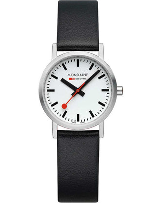 Angle shot of Mondaine A658.30323.16SBBV White Dial Black Leather Womens Watch on white background