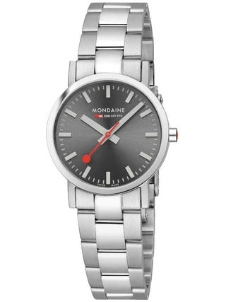 Front view of Mondaine A658.30323.80SBJ Grey Dial Silver Stainless Steel Womens Watch on white background
