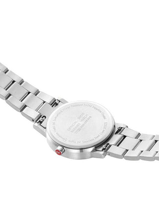 Angle shot of Mondaine A658.30323.80SBJ Grey Dial Silver Stainless Steel Womens Watch on white background