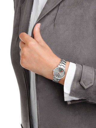 Angle shot of Mondaine A658.30323.80SBJ Grey Dial Silver Stainless Steel Womens Watch on white background