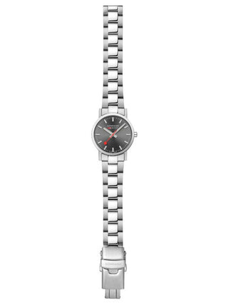 Angle shot of Mondaine A658.30323.80SBJ Grey Dial Silver Stainless Steel Womens Watch on white background