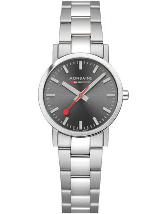 Angle shot of Mondaine A658.30323.80SBJ Grey Dial Silver Stainless Steel Womens Watch on white background