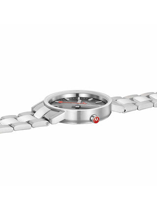Angle shot of Mondaine A658.30323.80SBJ Grey Dial Silver Stainless Steel Womens Watch on white background