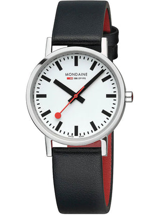 Angle shot of Mondaine A660.30314.11SBBV White Dial Black Leather Womens Watch on white background