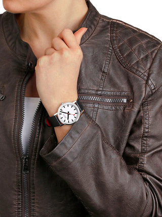 Angle shot of Mondaine A660.30314.11SBBV White Dial Black Leather Womens Watch on white background