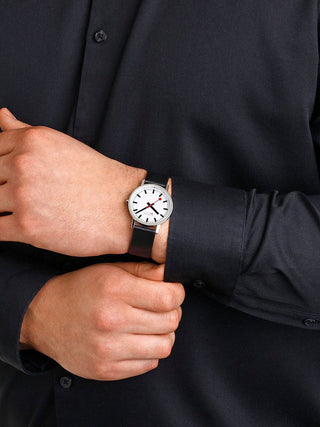 Angle shot of Mondaine A660.30314.11SBBV White Dial Black Leather Womens Watch on white background