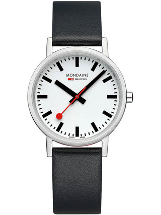Front view of Mondaine A660.30314.11SBBV White Dial Black Leather Womens Watch on white background