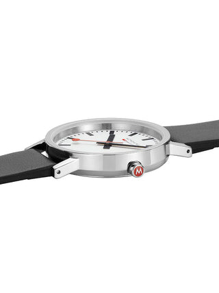 Angle shot of Mondaine A660.30314.11SBBV White Dial Black Leather Womens Watch on white background