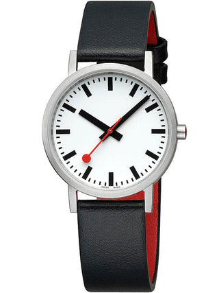 Angle shot of Mondaine A660.30314.16OMV White Dial Black Leather Womens Watch on white background
