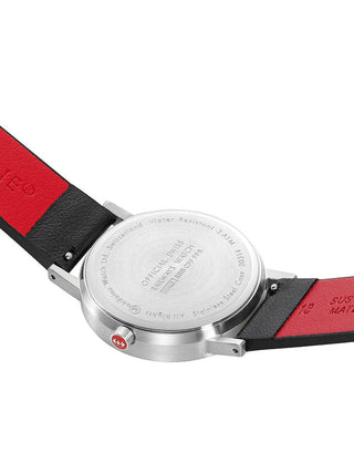 Angle shot of Mondaine A660.30314.16OMV White Dial Black Leather Womens Watch on white background