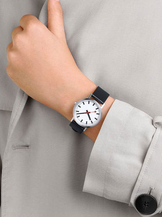 Angle shot of Mondaine A660.30314.16OMV White Dial Black Leather Womens Watch on white background