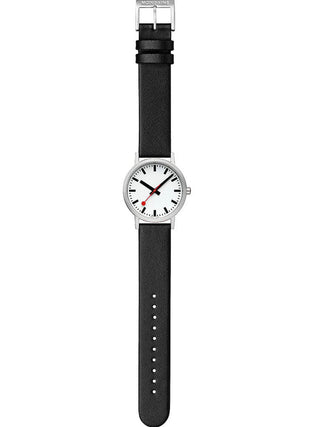 Angle shot of Mondaine A660.30314.16OMV White Dial Black Leather Womens Watch on white background