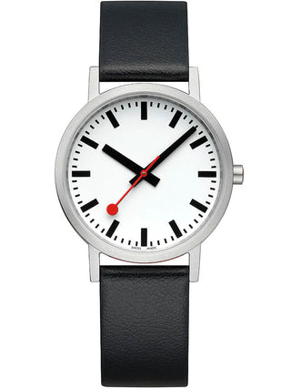 Front view of Mondaine A660.30314.16OMV White Dial Black Leather Womens Watch on white background