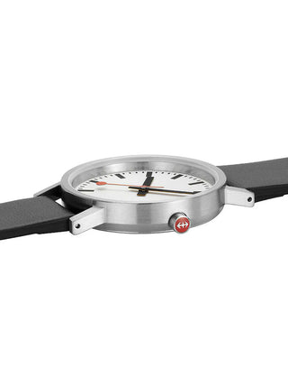 Angle shot of Mondaine A660.30314.16OMV White Dial Black Leather Womens Watch on white background