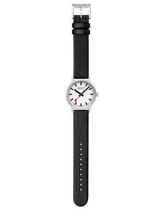 Angle shot of Mondaine A660.30314.16SBBV White Dial Black Leather Unisex Watch on white background