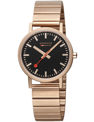 Angle shot of Mondaine A660.30314.16SBR Black Dial Rose Gold Stainless Steel Unisex Watch on white background