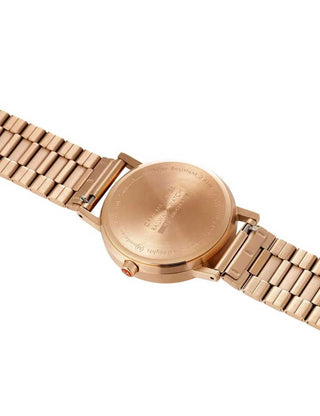 Angle shot of Mondaine A660.30314.16SBR Black Dial Rose Gold Stainless Steel Unisex Watch on white background