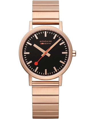 Front view of Mondaine A660.30314.16SBR Black Dial Rose Gold Stainless Steel Unisex Watch on white background
