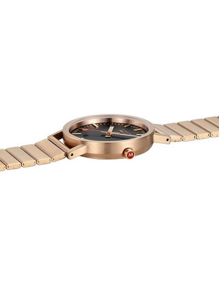 Angle shot of Mondaine A660.30314.16SBR Black Dial Rose Gold Stainless Steel Unisex Watch on white background