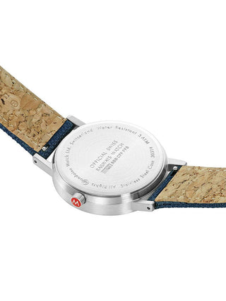 Angle shot of Mondaine Classic Swiss Railways A660.30314.40SBD Blue Textile Unisex Watch on white background