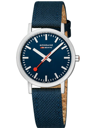 Front view of Mondaine Classic Swiss Railways A660.30314.40SBD Blue Textile Unisex Watch on white background