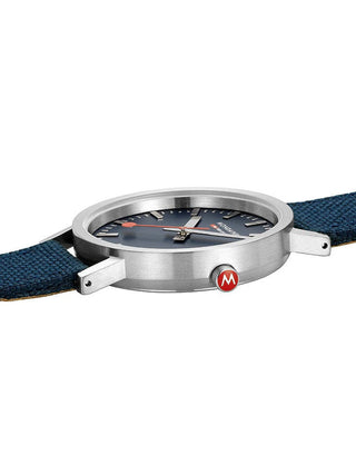 Angle shot of Mondaine Classic Swiss Railways A660.30314.40SBD Blue Textile Unisex Watch on white background