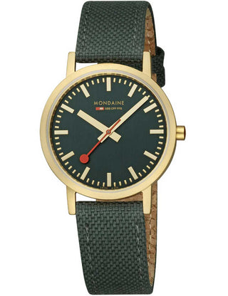 Angle shot of Mondaine A660.30314.60SBS Green Textile Womens Watch on white background