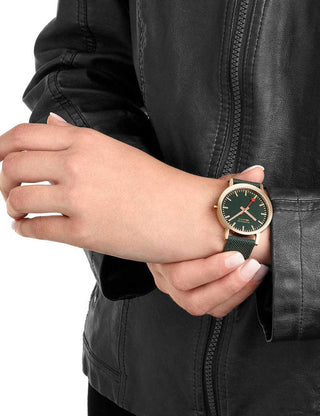 Angle shot of Mondaine A660.30314.60SBS Green Textile Womens Watch on white background