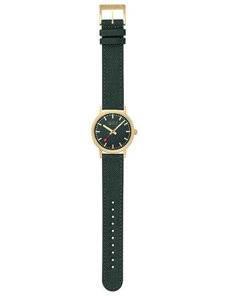 Angle shot of Mondaine A660.30314.60SBS Green Textile Womens Watch on white background