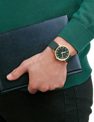 Angle shot of Mondaine A660.30314.60SBS Green Textile Womens Watch on white background