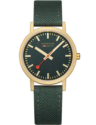 Front view of Mondaine A660.30314.60SBS Green Textile Womens Watch on white background