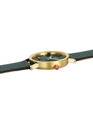 Angle shot of Mondaine A660.30314.60SBS Green Textile Womens Watch on white background