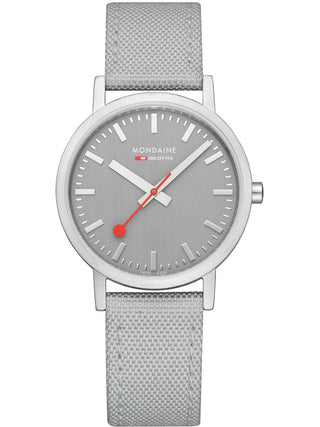 Front view of Mondaine A660.30314.80SBH Grey Textile Unisex Watch on white background