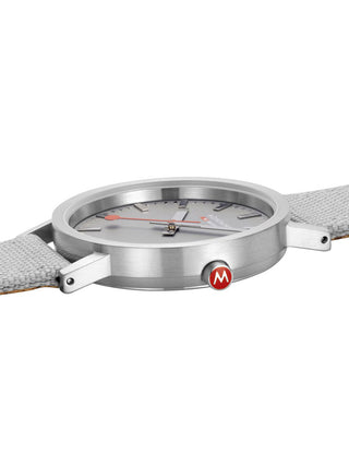 Angle shot of Mondaine A660.30314.80SBH Grey Textile Unisex Watch on white background