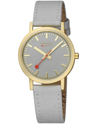 Angle shot of Mondaine A660.30314.80SBU Grey Textile Womens Watch on white background