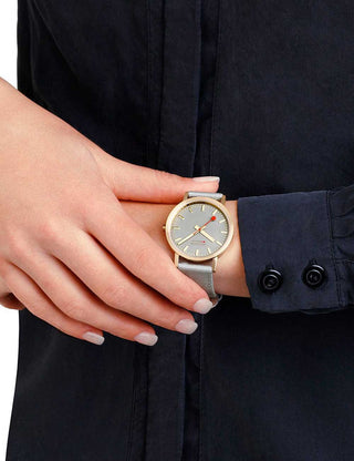 Angle shot of Mondaine A660.30314.80SBU Grey Textile Womens Watch on white background