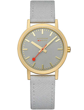 Front view of Mondaine A660.30314.80SBU Grey Textile Womens Watch on white background
