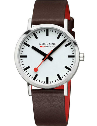 Front view of Mondaine A660.30360.11SBGV White Dial Brown Leather Unisex Watch on white background