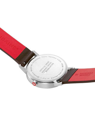 Angle shot of Mondaine A660.30360.11SBGV White Dial Brown Leather Unisex Watch on white background