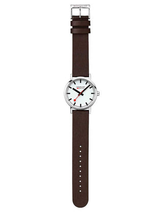 Angle shot of Mondaine A660.30360.11SBGV White Dial Brown Leather Unisex Watch on white background