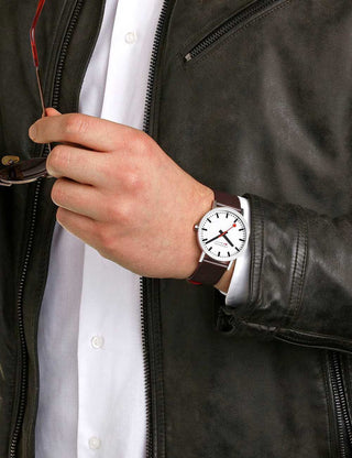 Angle shot of Mondaine A660.30360.11SBGV White Dial Brown Leather Unisex Watch on white background