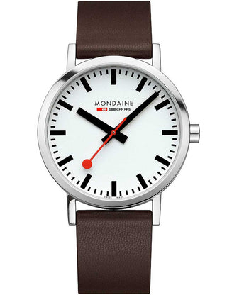 Angle shot of Mondaine A660.30360.11SBGV White Dial Brown Leather Unisex Watch on white background