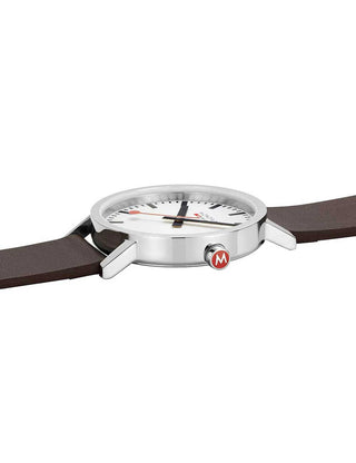 Angle shot of Mondaine A660.30360.11SBGV White Dial Brown Leather Unisex Watch on white background